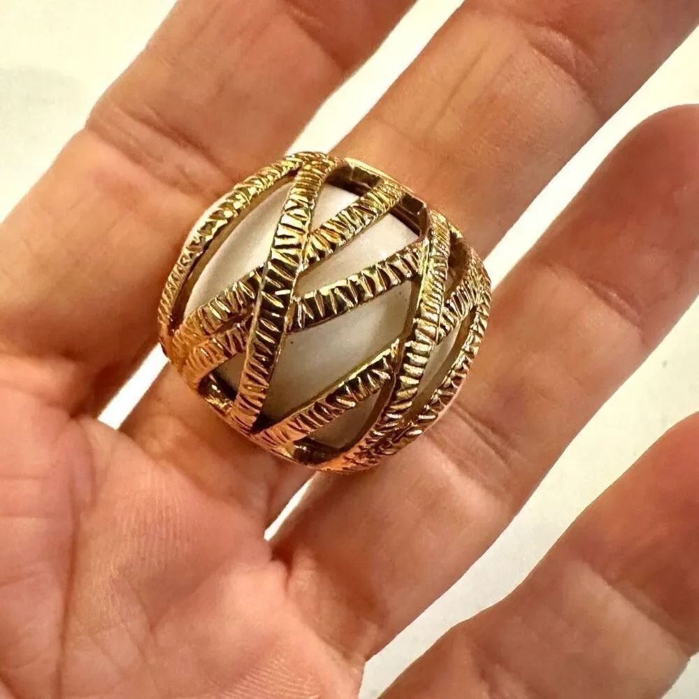 Deco large gold tone and white cocktail ring